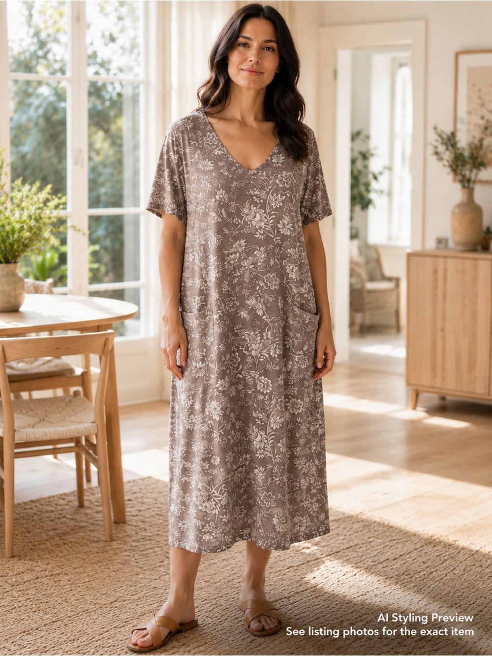Pure Jill XL Taupe Floral Cotton Knit Midi Dress Pockets Relaxed - Picture 1 of 6